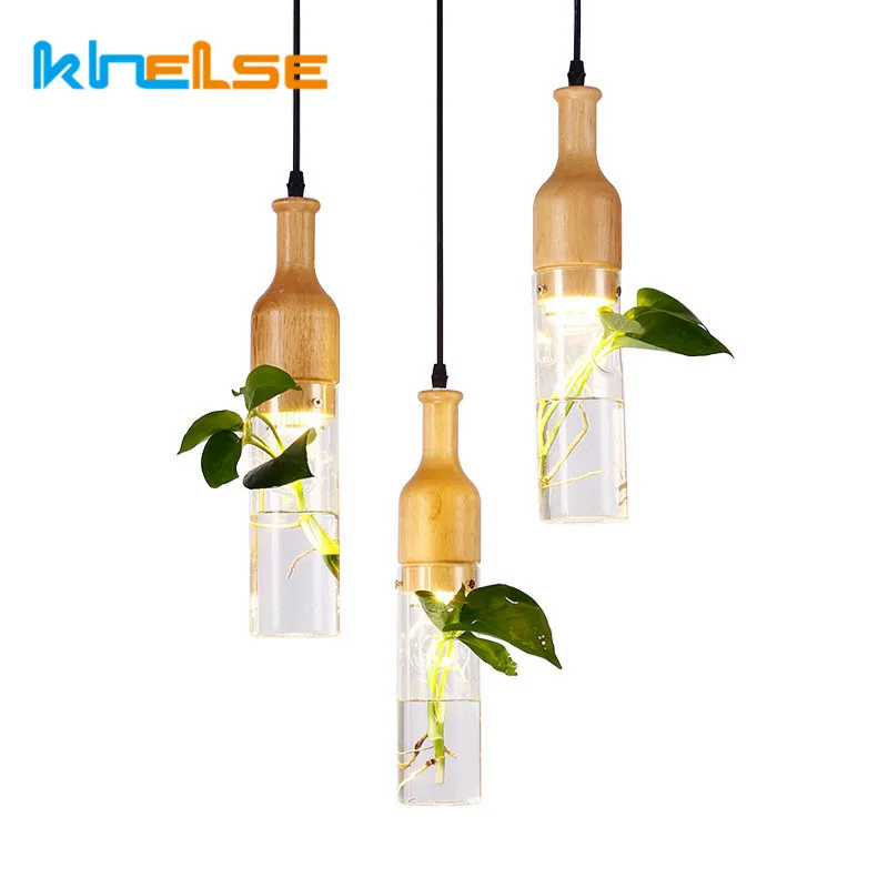 

Nordic LED Plant Pendant Lamp Industrial Lustre Wood Glass Bottle Chandeliers Living Room Kitchen Bar Decor E27 Hanging Lighting