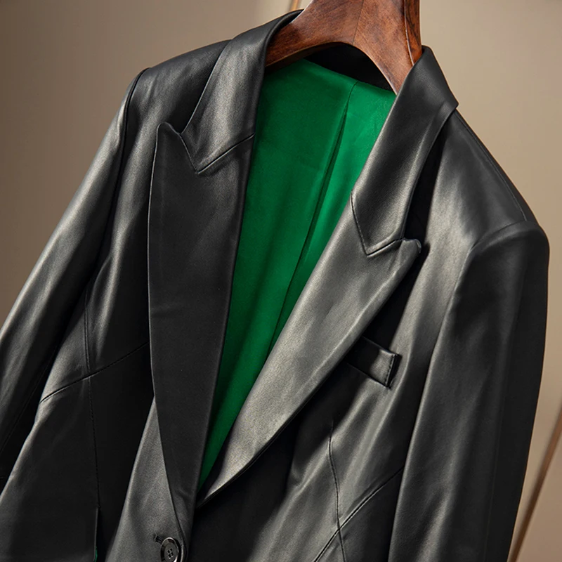 Shuchan Sheepskin Genuine Leather Jacket  Single Button  High Street  Spliced  Autumn/Winter  Turn-down Collar  Blazer Femme