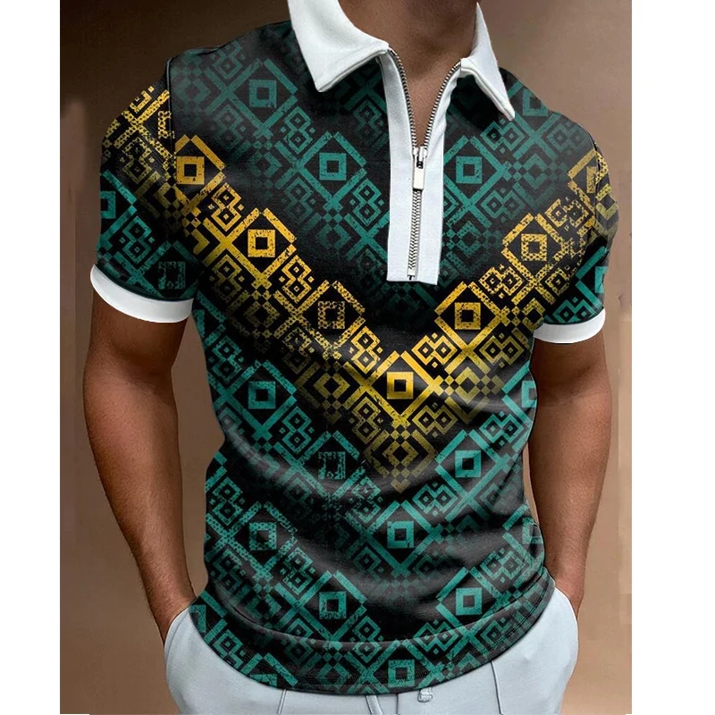 Men's Summer Short-Sleeved Luxury Polo Shirt Abstract Art Print Trend Fashion Oversized Street Lapel Zipper Slim-Fit Clothing