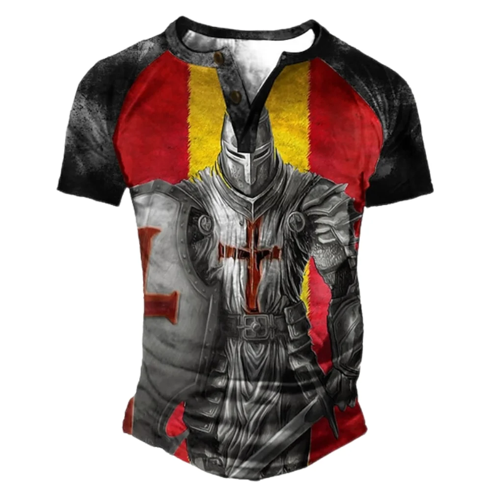 

Vintage Henley Men's T-shirt Knights Templar Cotton Clothing Summer Men Tshirts Graphic Oversized Tee 3D Printed Short Sleeve