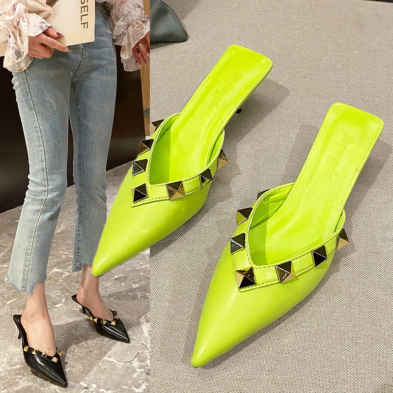 

Designer Mid Heels Slippers Women 2022 Summer Fashion Pumps Sandals Sexy Thin Heels Flip Flop Party Slides Dress Women Shoes
