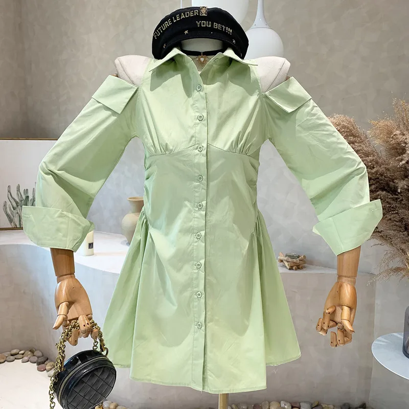 

New in Women's Clothing 2022 Autumn Solid color design off shoulder thin A-line shirt dress vestido