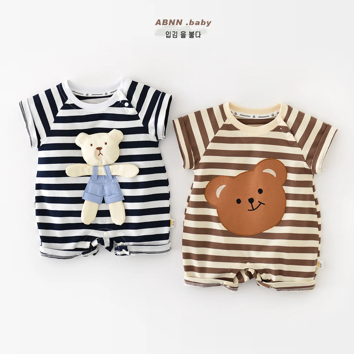

Jenny&Dave Infants and young children 2023 summer jumpsuit, male and female, cartoon teddy bear, wearing cotton striped short ju