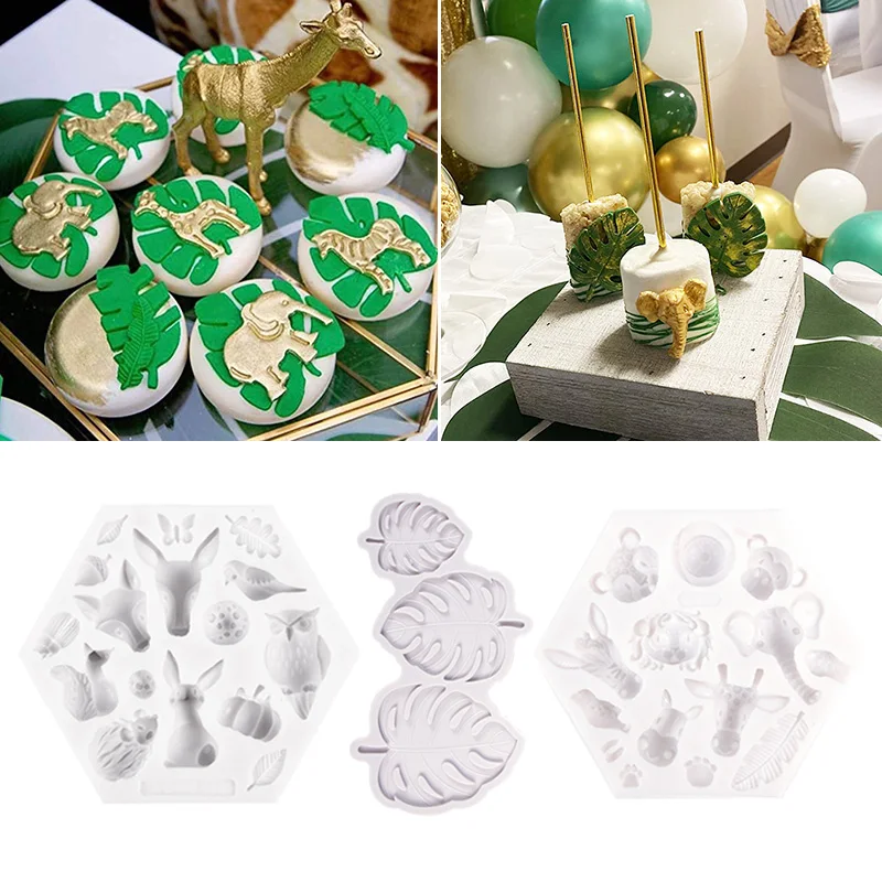 

Jungle Decor Safari Animal Silicone Cake Mould 3D Animal Palm Leaves Fondant Cake Mousse Baking Mold Birhtday Party Baby Shower