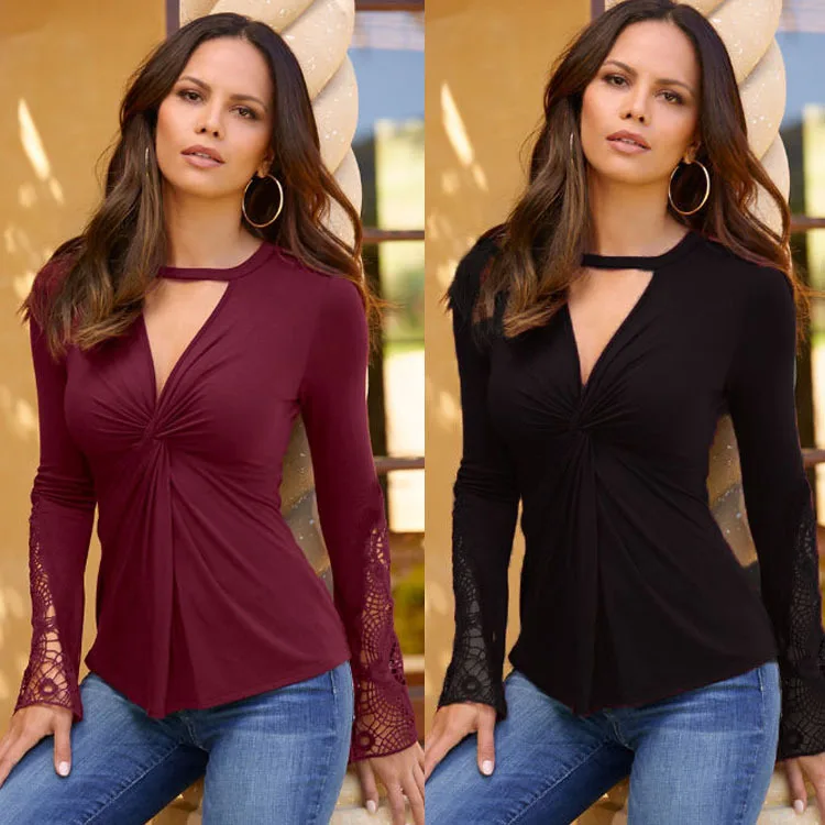 

Deep V Lace Stitching Long Sleeve Bottoming Shirt