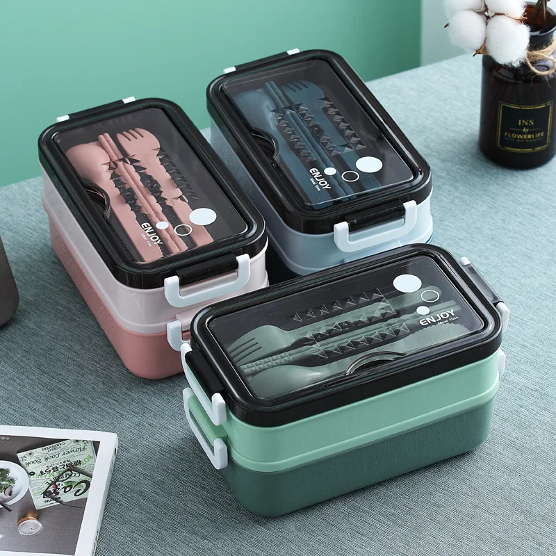 

Lunch Box Food Storage Box 3 Layers Grids Student Office Worker Microwave Bento Box Outdoor Picnic Container with Fork Spoon