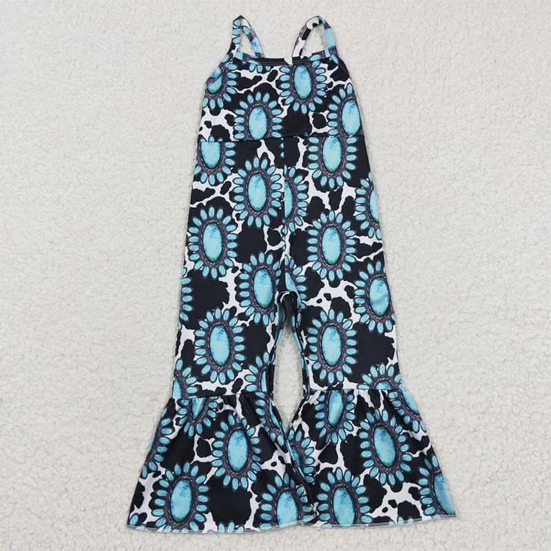 

Boutique western design turquoise print summer strap jumpsuit flared pants bell bottom kids clothing