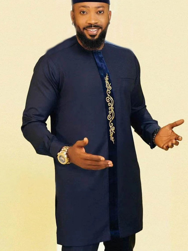 Ramadan Eid Muslim Fashion Men Shirt Casual Arabian Navy Blue Abayas Dubai Long Sleeve Indian Stand Collar Islamic Clothing