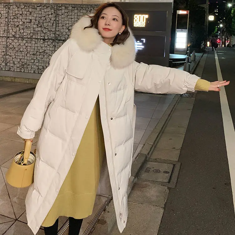 Women 2023 New Winter Korean Vintage Hooded White Duck Downr Jackets Fashion Casual Female Long Sleeve Coats Outwear C64