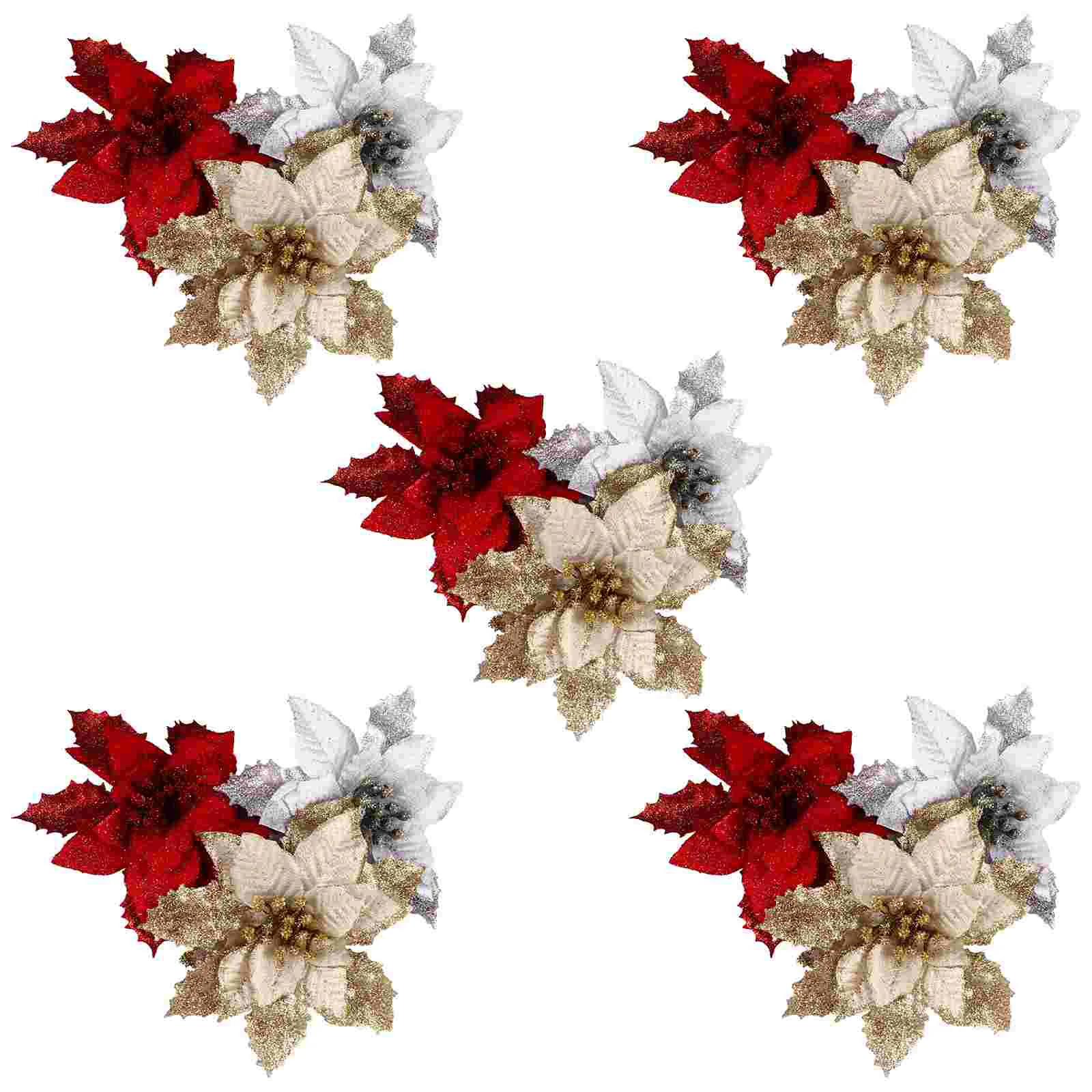 

Christmas Flower Poinsettiaflowers Glitter Wreath Tree Door Front Holiday Fake Picks Artificial Floral Sprays Red Stem Ornaments