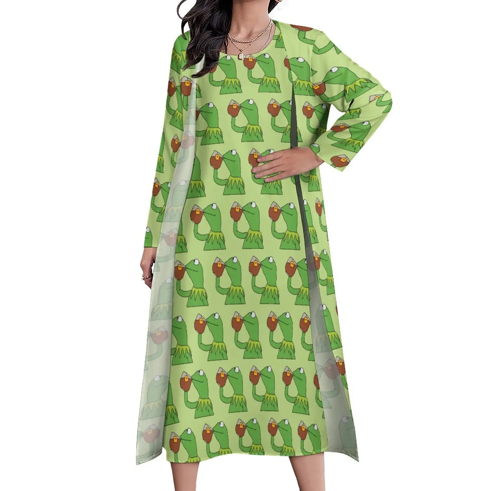 

Платье-сарафан в стиле бохо с длинным рукавом, винтажное длинное пляжное платье с принтом лягушки чайного цвета, дизайнерская одежда 3XL, 4XL, 5XL
