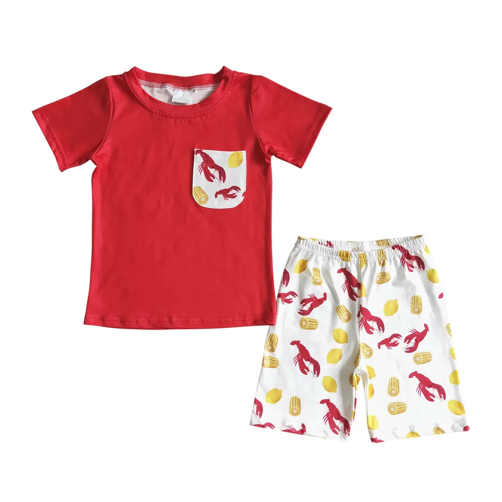

Kids Clothing Red Pocket Short Sleeves Tee Shirt Baby Girls Clothes White Lobster Short Sets Children Wear