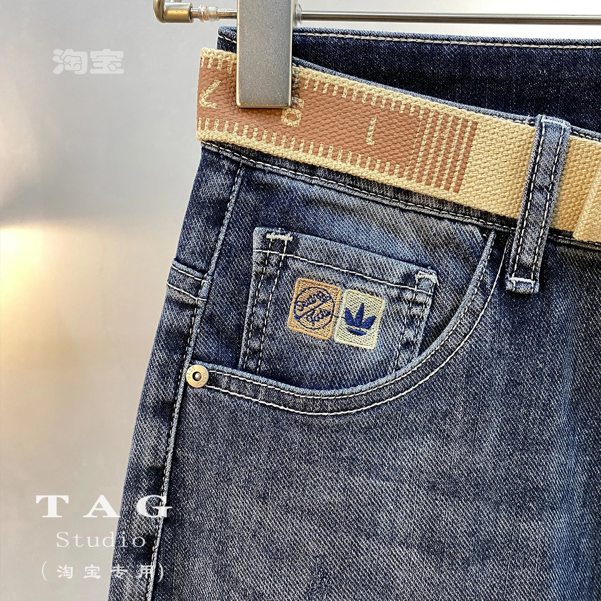 Seasonal Men's Jeans Trousers Embroidered Letter Slim Fitting Cotton Elastic Plaid Luxurious High Street Denim Pants Red Ear 024