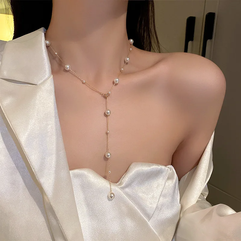 Women Sexy Fashion Pearl Tassel Long Pendant Necklace Adjustable Chain Temperament Korean Fashion Sweet Choker Collar Jewelry