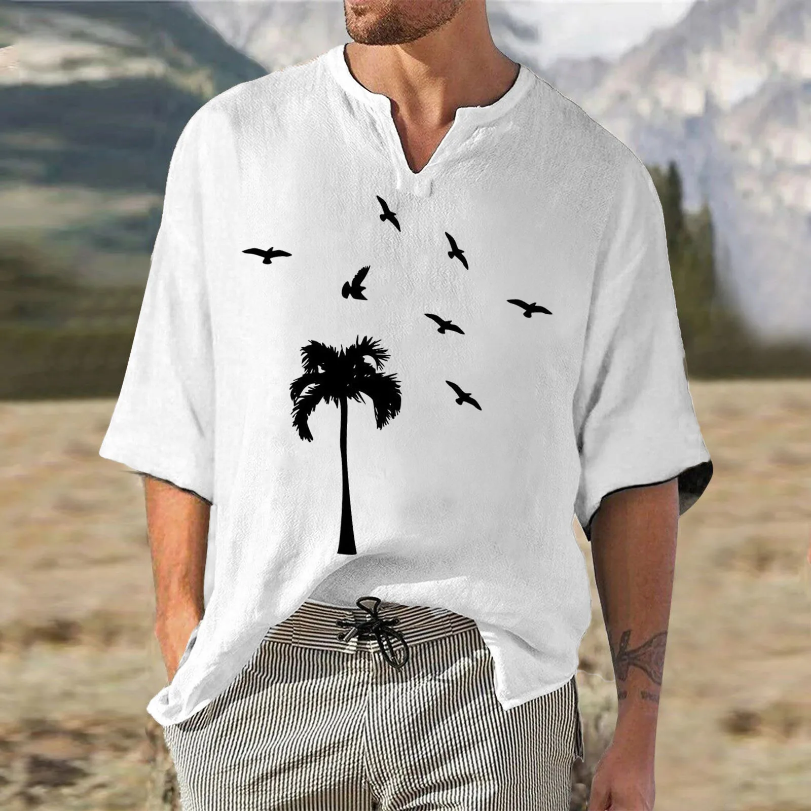 

Tree Printed Beach Shirt 2023 Summer Men's T Shirt Casual Loose Cotton Short Sleeve T-Shirt Streetwear Tee Shirts Tops Clothing
