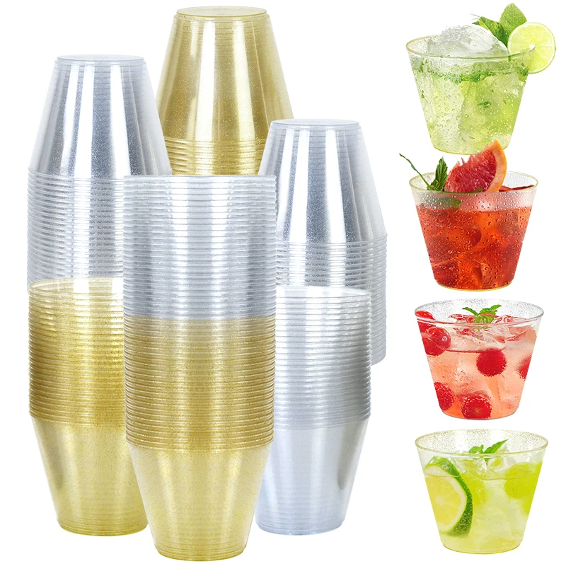 

5Pcs 9OZ Plastic Cup Disposable Glitter Water Cup Clear Juice Dessert Mousse Cup Wedding Birthday Party Tableware Decor Supplies