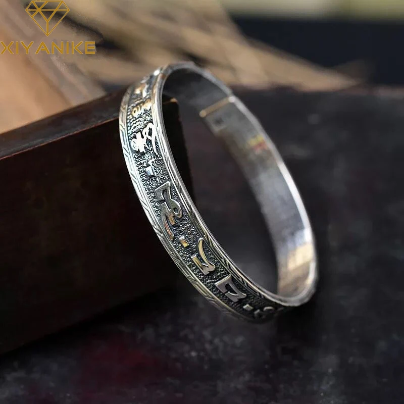 

XIYANIKE Men Women Six Character Truth Embossed Cuff Bracelet Ethnic Fashion New Thai Silver Jewelry Party Gift pulseras mujer