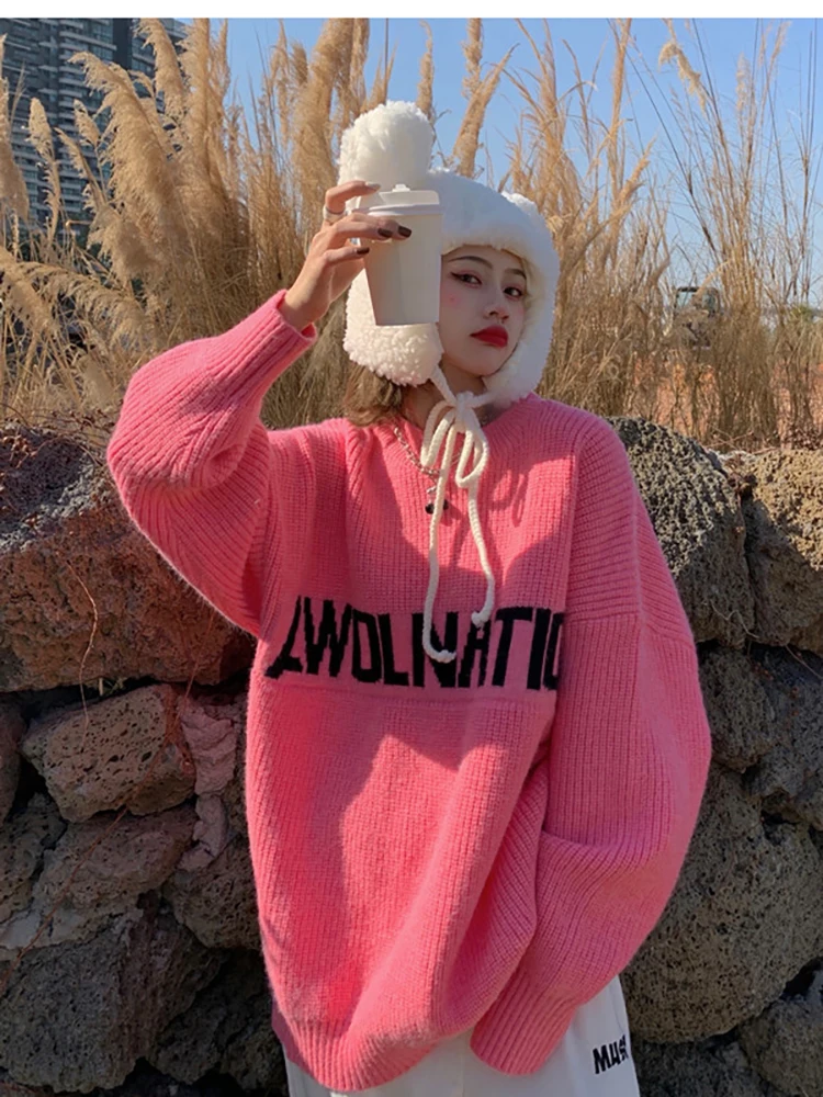 

Knitted Sweater Women Round Neck Long Sleeves Pullovers Ladies Letter Tops Fashion Casual Loose Jumpers Camisola Inverno Mulher