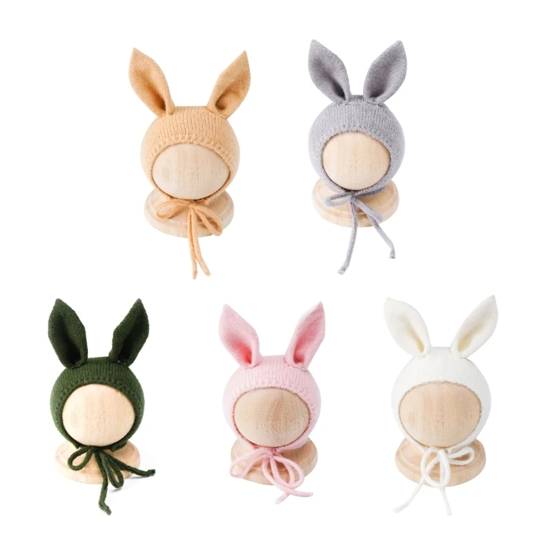 

Q81A Baby Photo Props Bunny Ear Hat for Newborn 0-1M Infant Hand-Crochet Long Ears Neck Strap Hat Newborns Photo Accessories