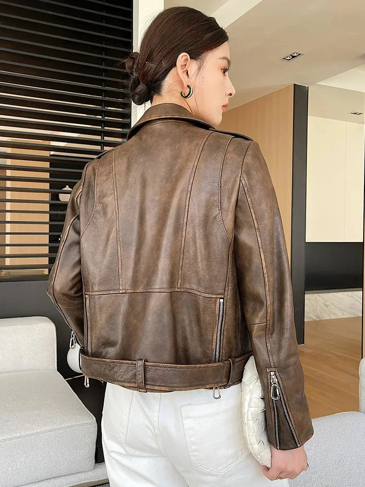 Женская винтажная куртка из натуральной кожи мотоциклетное короткое