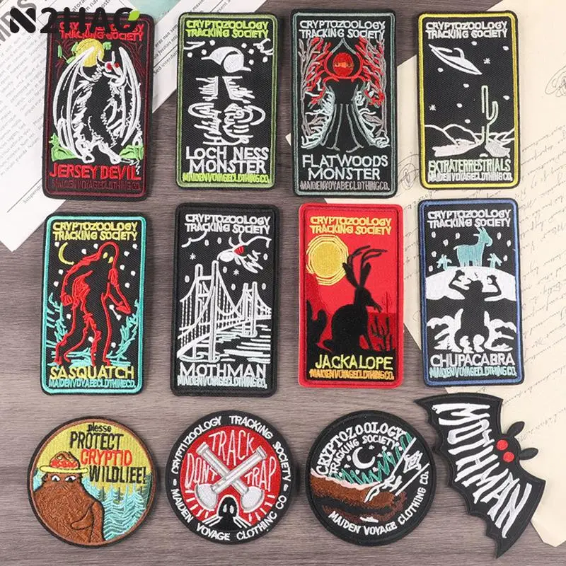 

1pcs Cryptozoology Embroidery Iron On Patches Monster Cloth Appliques Mothman Badge Extraterrestrials Tracking Emblem For Jacket