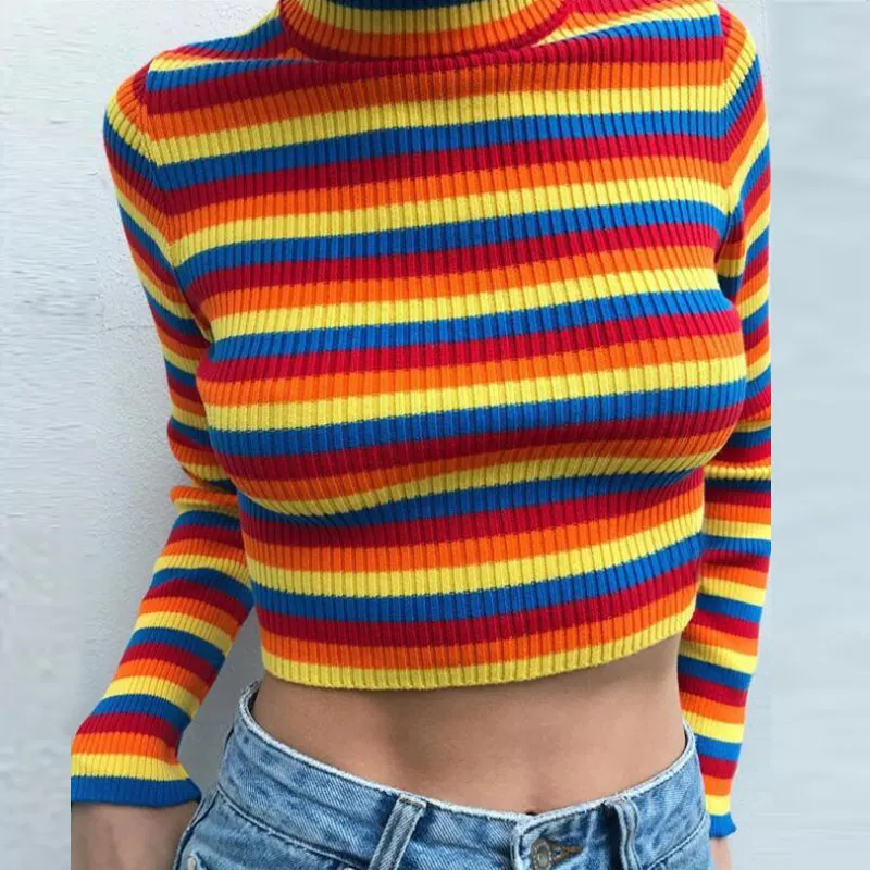 

Women Spring Autumn Short Knitted Sweater Rainbow Stripes Vintage Streetwear Top Female Turtleneck Jumper