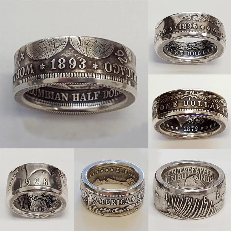 

Luxury Vintage Mens Rings Antique Handmade Coin Silver Color Dollar 1893 Carved Different Time Punk Ring Classic Specie Jewelry