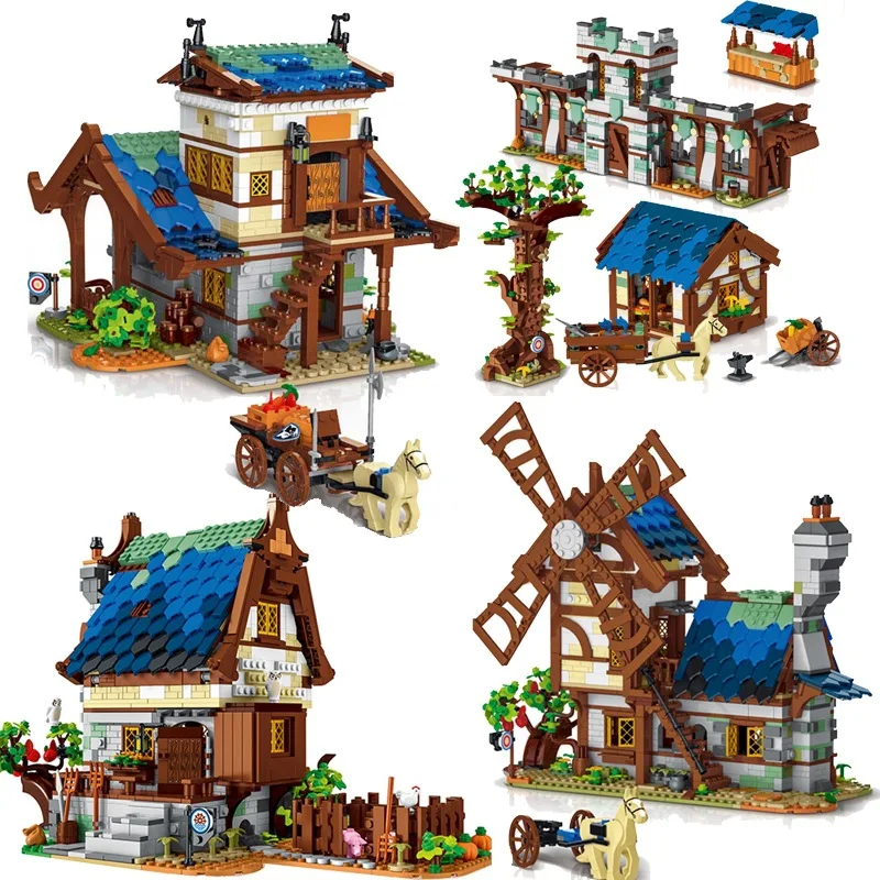 

Средневековая серия, городской рынок, ветряная мельница, модель водяной мельницы, строительные блоки, креативные городские кирпичи, игрушк...