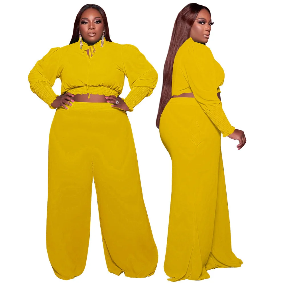 Plus Size Two Piece Set Women Fall Clothes Casual Crop Top Pants Sets Solid Bandage Long Sleeve Outfits Whole 3xl 4xl 5xl 6xl