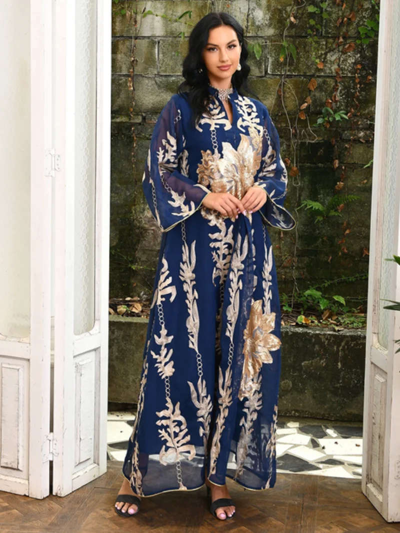 Modest Muslim Moroccan Caftan Dubai Abaya for Women Ramadan Eid-al-Adha 2023 Gold Thread Sequins Embroidery Arab Long Dress Yarn