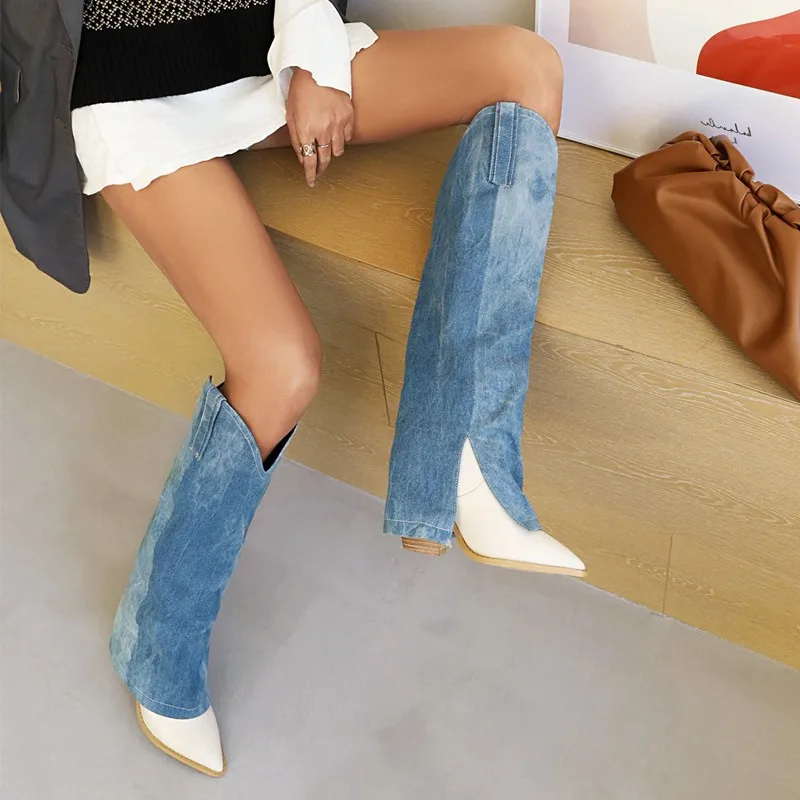 

Женские джинсовые сапоги до колена, зимние, синий, с V-образным вырезом, для верховой езды, большого размера