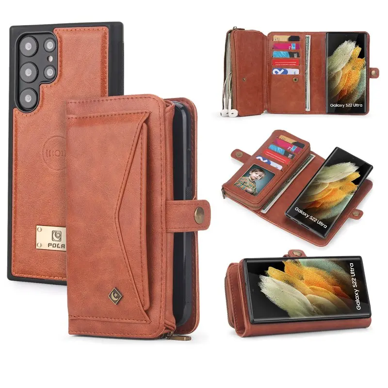 

for Case,Detachable Removable Magnetic Back Business Hand Strap Multi-functional Phone Zipper Purse Wallet Cover Case for Samsu