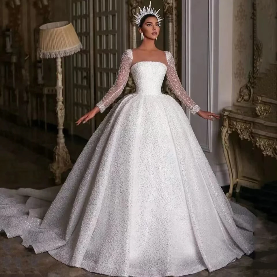 

Luxury Glitter Sequins Ball Gown Wedding Dress 2023 For Women Long Sleeves Court Train Bridal Gowns Sheer Neck Vestidos De Novia