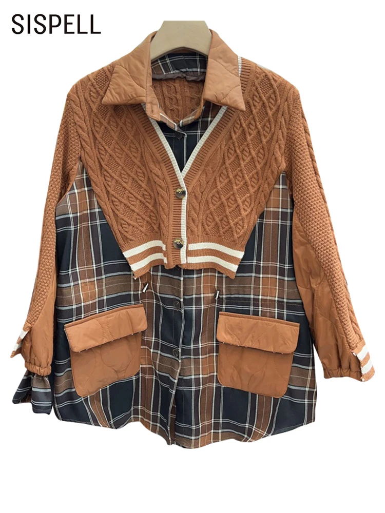 

SISPELL Patchwork Knitting Shirt For Women Lapel Long Sleeve Singel Breasted Casual Loose Plaid Blouse Female Autumn Clothing