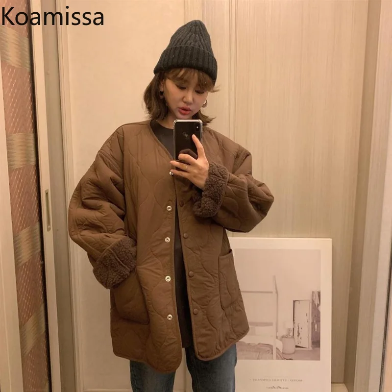 Koamissa Chic Korean Women Parkas Ladies Single Breasted V-neck Causal Loose Quilted Coats Femme Retro Lamb Wool Outwear Jackets