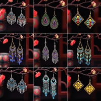 ethnic vintage water drop tassel dangle earrings for women boho long silver color geometric hook hanging earring wedding jewelry
