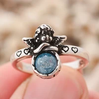 original jewelry creative cupid angel design blue stone retro silver plated lady engagement ring for women propose gift no fade