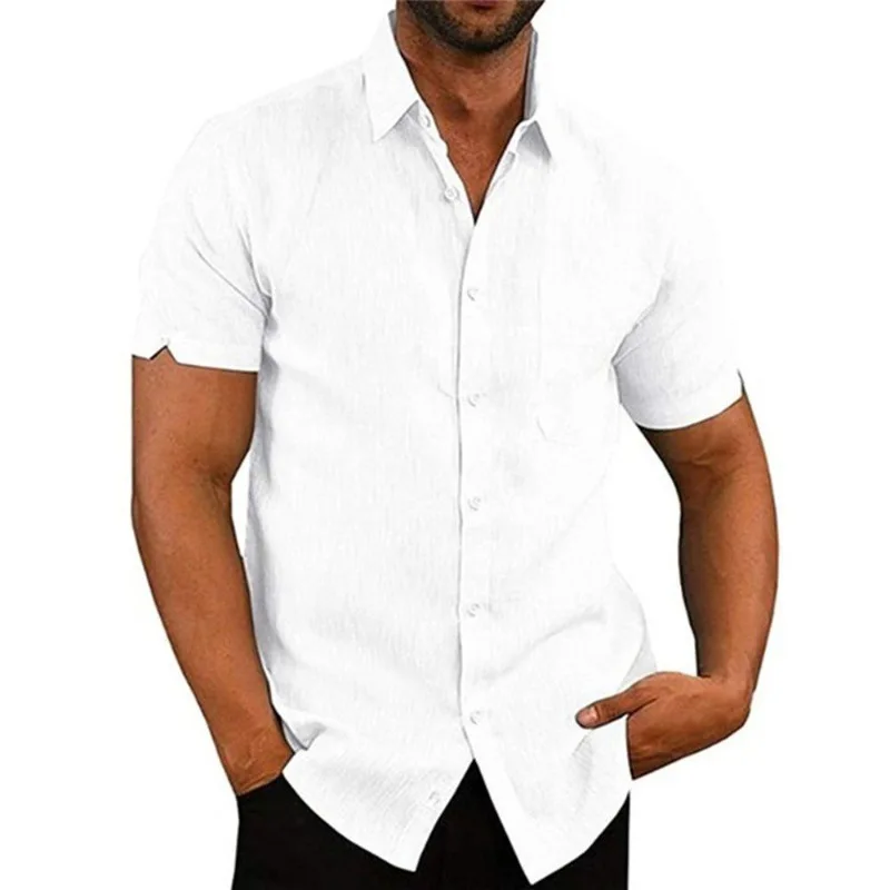 Hot Sale Summer Lapel Solid Color Short Sleeve Button Men's Linen Shirt