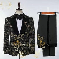 formal black suit with gold embroidery floral tuxedo party terno masculino slim fit latest coat pant design 2022 suits for men