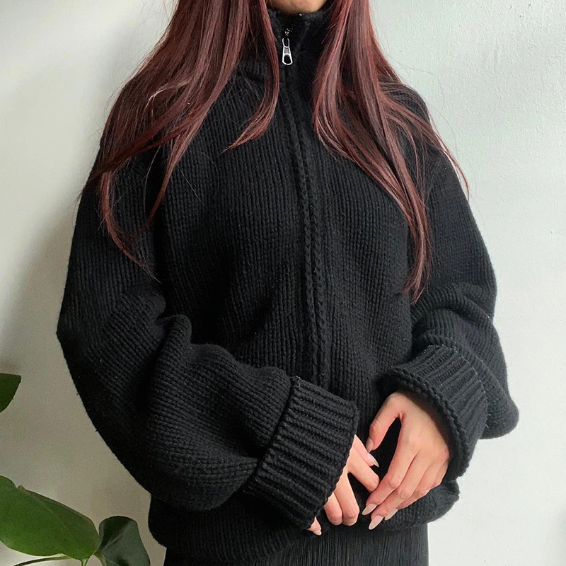 

Весенне-осенние модные Свободные Повседневные вязаные кардиганы на молнии с длинным рукавом, свитера, женская винтажная трикотажная куртк...