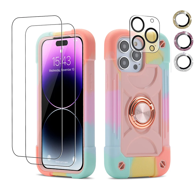 

Heavy Duty Shockproof Military Grade Rugged Cover for iPhone 14 Pro Max Case with Ring Stand 2 Piece Glass Screen Protector