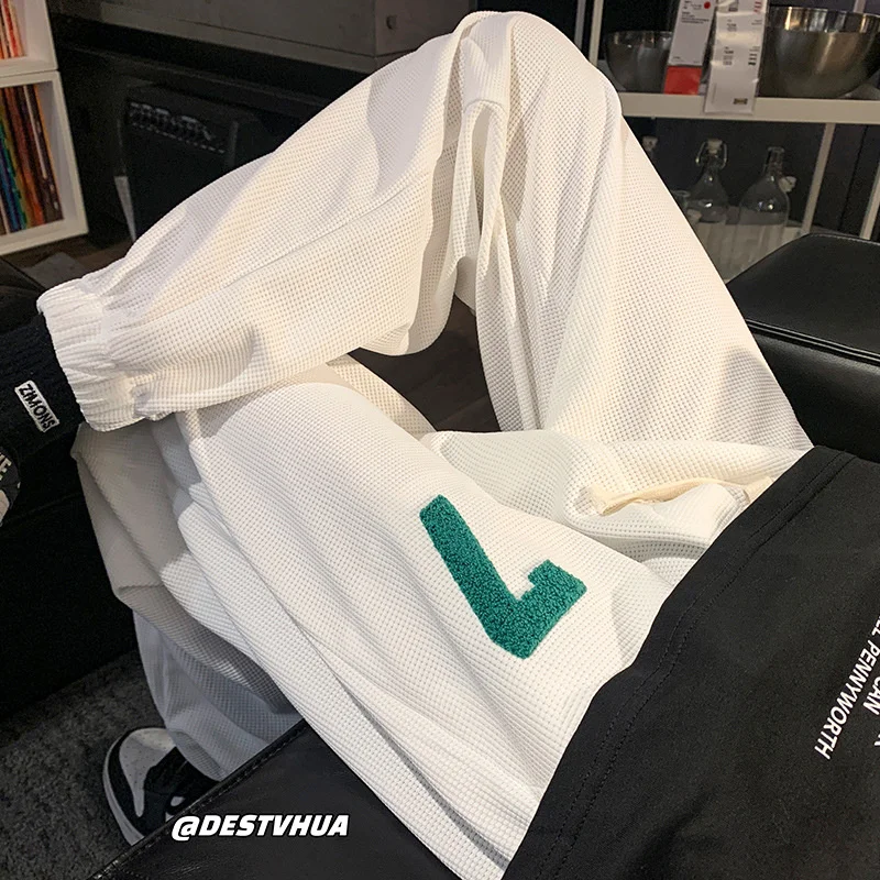 

High quality Athletic Men's waffle flocking ins trendy leggings Cropped Autumn fashion casual pants