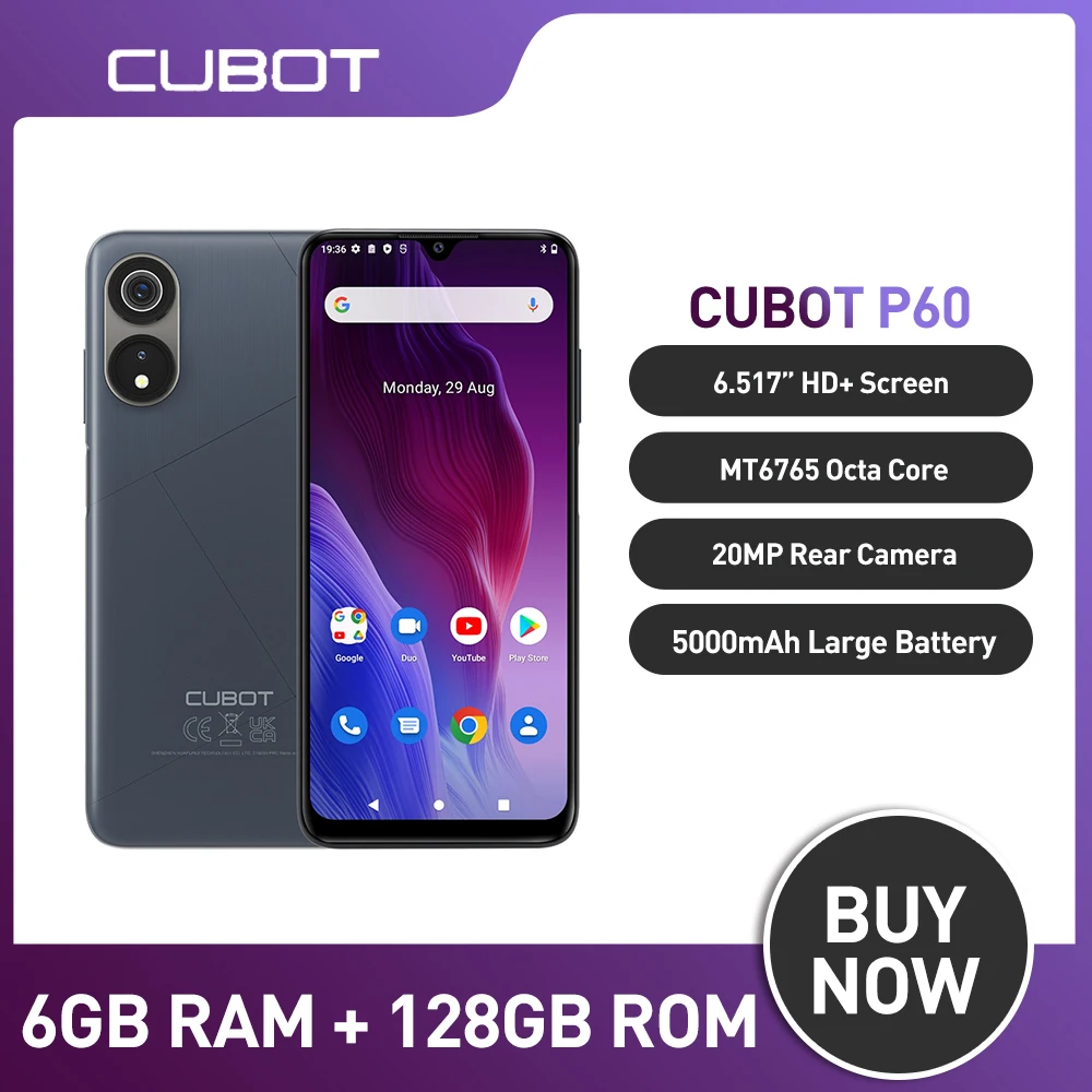 Cubot P60 Mobile Phone 6GB+128GB 15000mAh 6.517 Inch HD Screen  Android 12 MTK6765 Octa Core Mobile Phone 20MP Rear Camera
