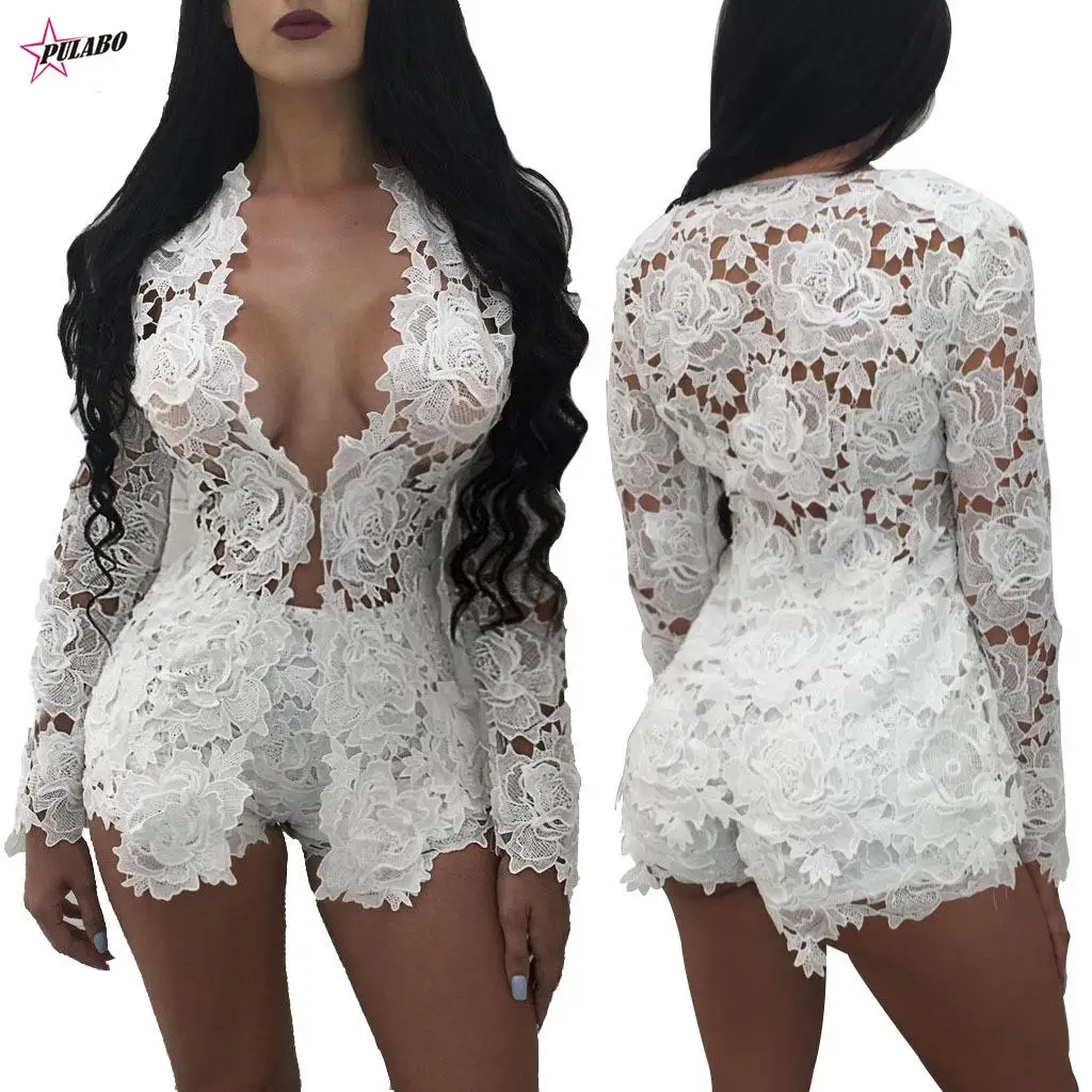 

PULABO Fashion Embroidery Sexy Two Piece Sets Women Lace V Neck Hollow Out Cardigan And Shorts Nightclub Perspective Outfits