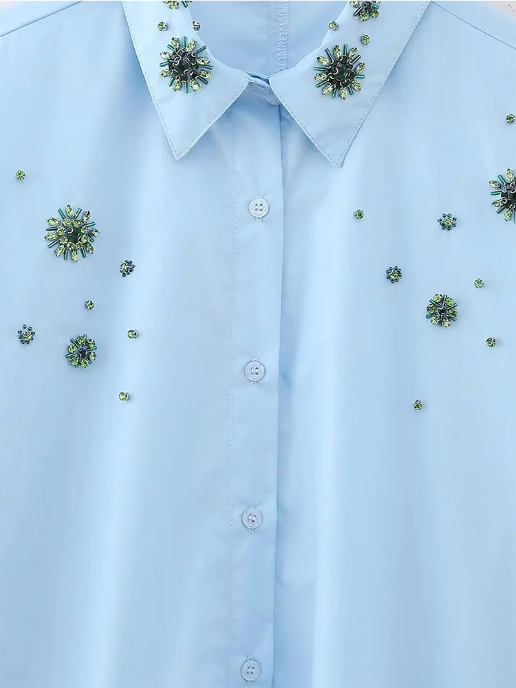 Осень 2023 голубые рубашки TRAF для женщин украшение длинная рубашка женские на