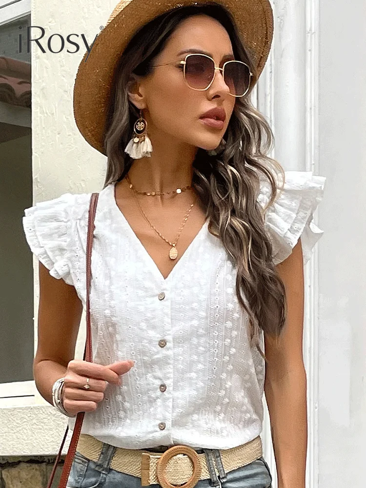 

Women Summer Hollow Out Cotton Blouse Female Casual Short Flying Sleeve V Neck White Top Ladies Chic Elegant Button Office Shirt