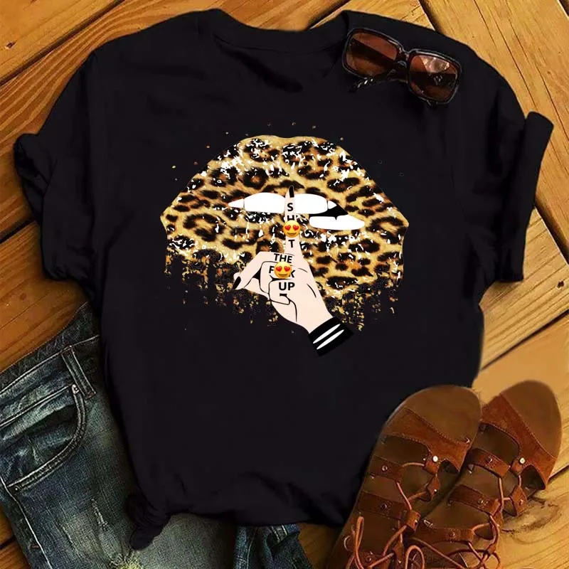 

New Women Tops Tees Funny Leopard Lips Printed Women Black Tshirt Fashion Graphic Print Tee Shirt Femme Harajuku Woman T Shirt
