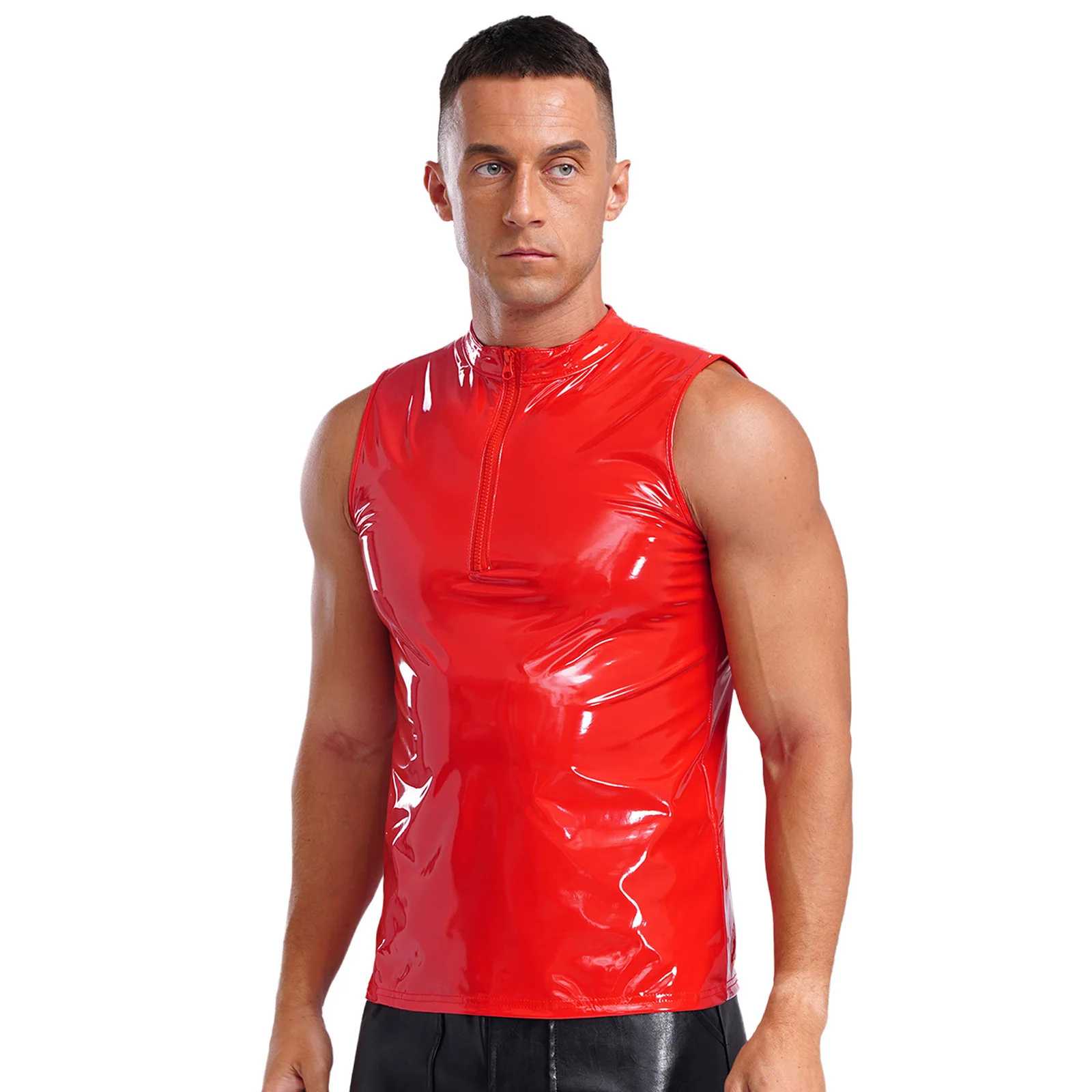 Мужская глянцевая майка из искусственной кожи с мокрым эффектом без рукавов и