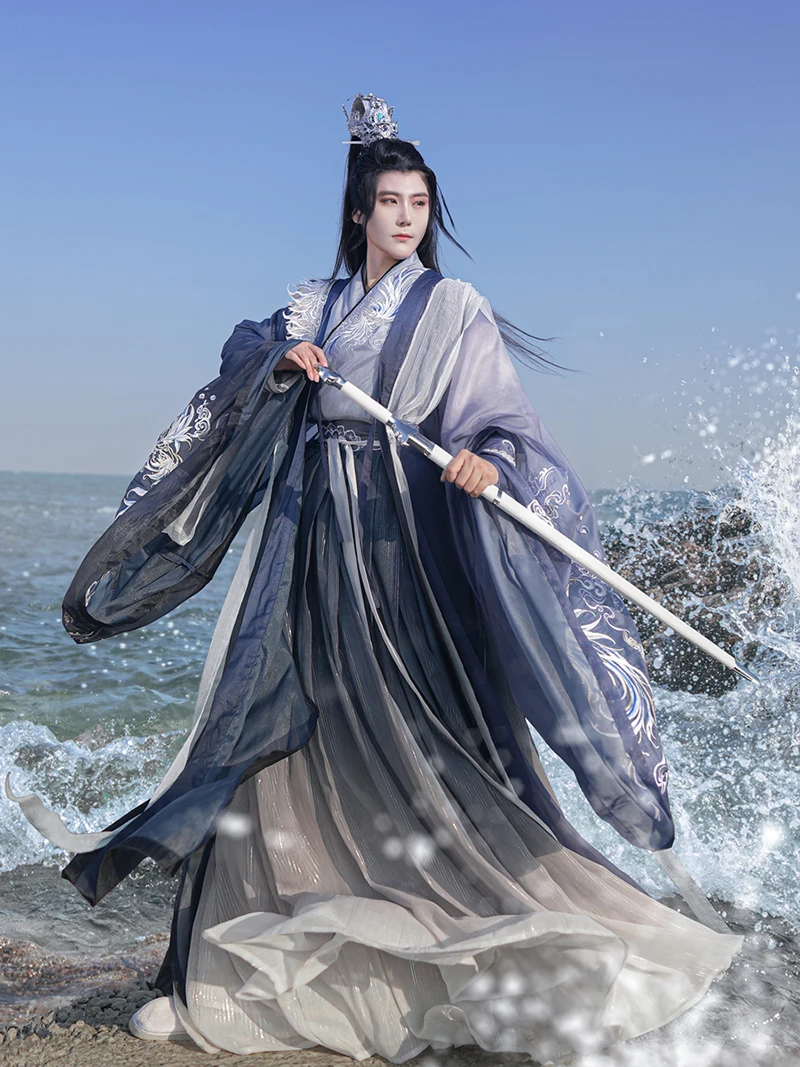 

Chinese Hanfu Men Women Large Size 3XL Embroidered Blue Gradient Hanfu Suit Shirt+Skirt+Coat 3pcs Vintage Cosplay Costume