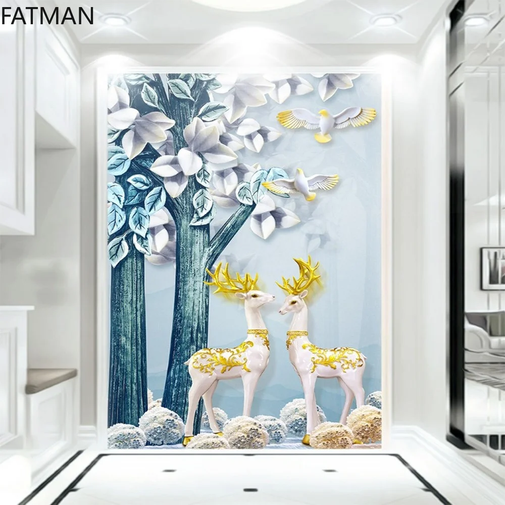 

FATMAN пользовательские скандинавские богатые деревья 8D тисненые обои гостиная коридор вертикальная версия Лось крыльцо роспись Прямая пост...